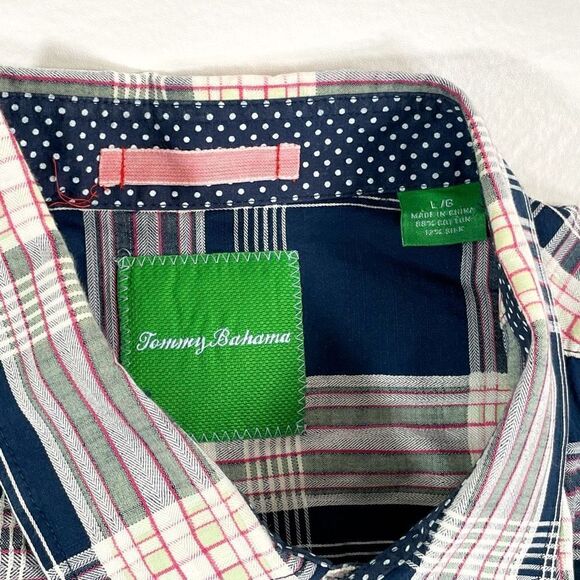 Tommy Bahama Mens Large Red White Blue Plaid Short Sleeve Button Up Shirt - Picture 4 of 7